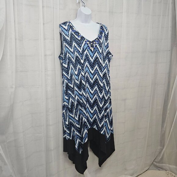 Avenue Blue White Chevron Aztec Sleeveless Midi Dress Beaded Boho 22/24 - Picture 5 of 13